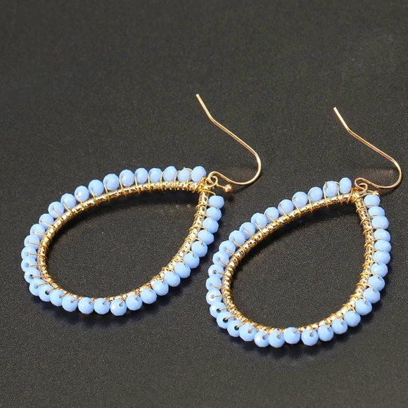 Beautiful Handcrafted Baby Blue Beaded Tear Drop Long Hang Earrings - Picture 2 of 2
